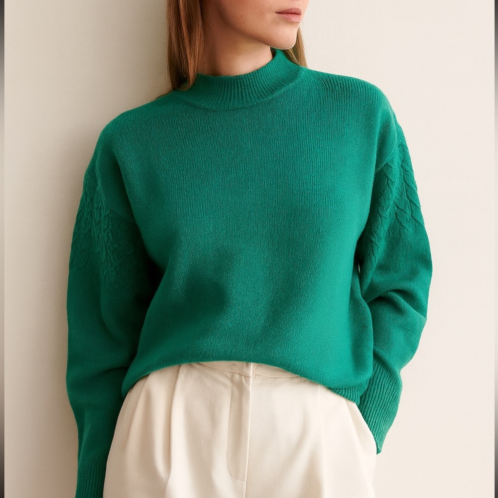 Perry Ellis Lambswool Cotton Sweater Size M Teal Cable Knit Detail Cozy